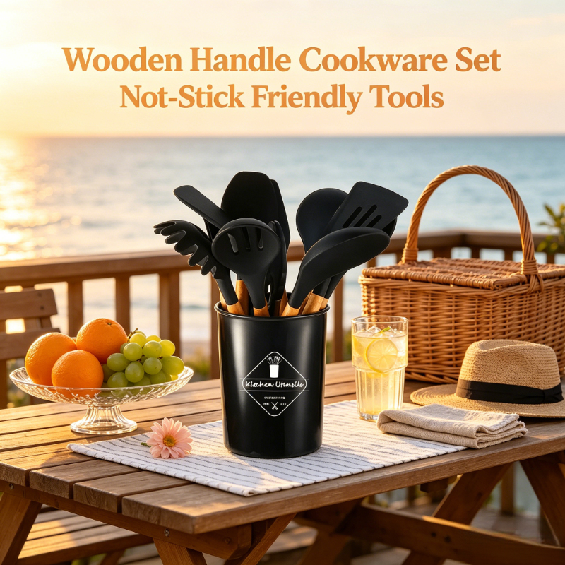 Woodworking Kit - Black Silicone Kitchen Tools 12Pcs Wooden